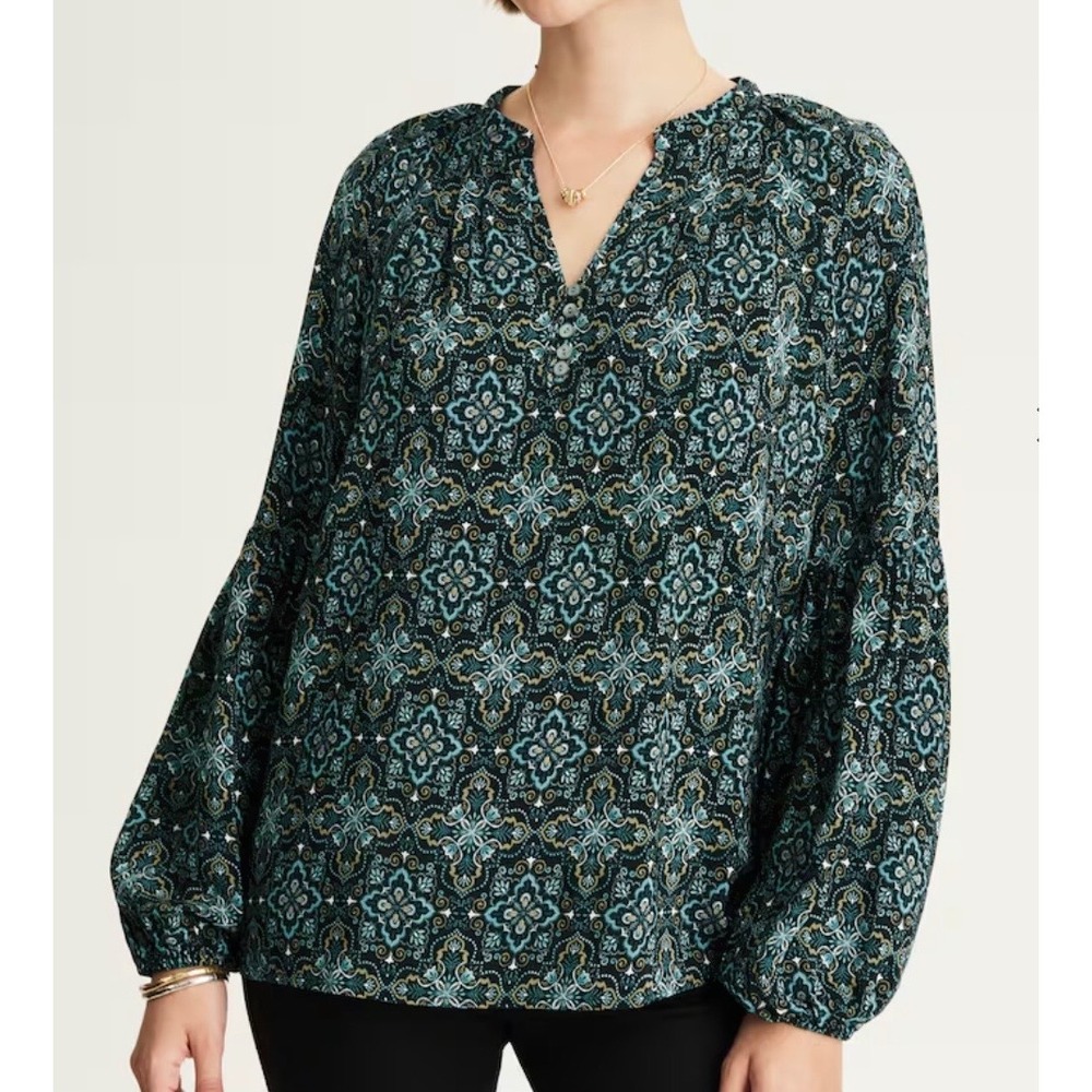 J. Jill Womens Medallion Print Shirred Long Sleeve Top Blouse Size M Teal Black
